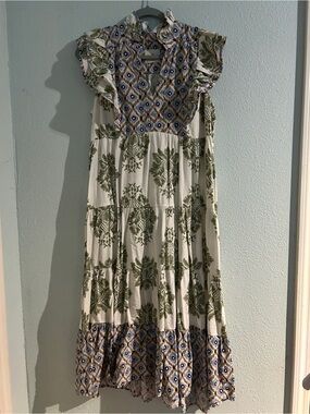Umgee Cream Floral Maxi Dress with Blue, Olive & Brown Accents